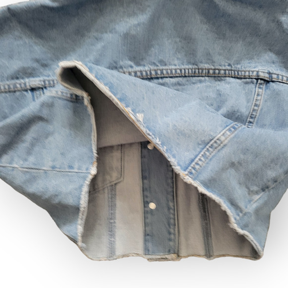 Blue Blush Detachable Hoodie Crop Contrast Cream Sleeves Denim Jacket Sz Small - Picture 10 of 10